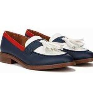 Franco Sarto Womens Leather Tassel Loafers Navy Blue White Red Colorblock NEW